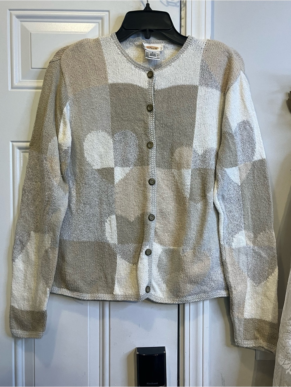 Vintage 90s Talbots Heart Patchwork Cotton Linen Cardigan Sweater Small Neutrals